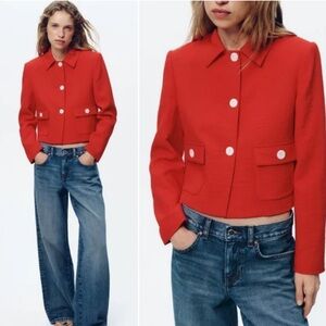 Zara Red Rustic Blazer With Padded Shoulders NWOT